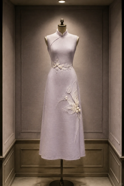 ✨Girlhomeshops-Lavender Sleeveless New Chinese Cheongsam, 3D Pearl Floral Applique Midi Dress gh10432