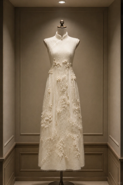 ✨Girlhomeshops-Cream Chinese Qipao Bridal Gown with Pearl Tassel Lace gh10353