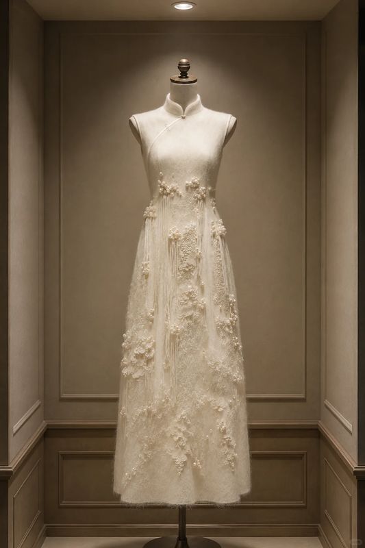 ✨Girlhomeshops-Cream Chinese Qipao Bridal Gown with Pearl Tassel Lace gh10353
