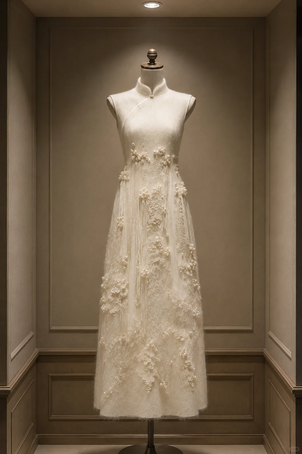 ✨Girlhomeshops-Cream Chinese Qipao Bridal Gown with Pearl Tassel Lace gh10353