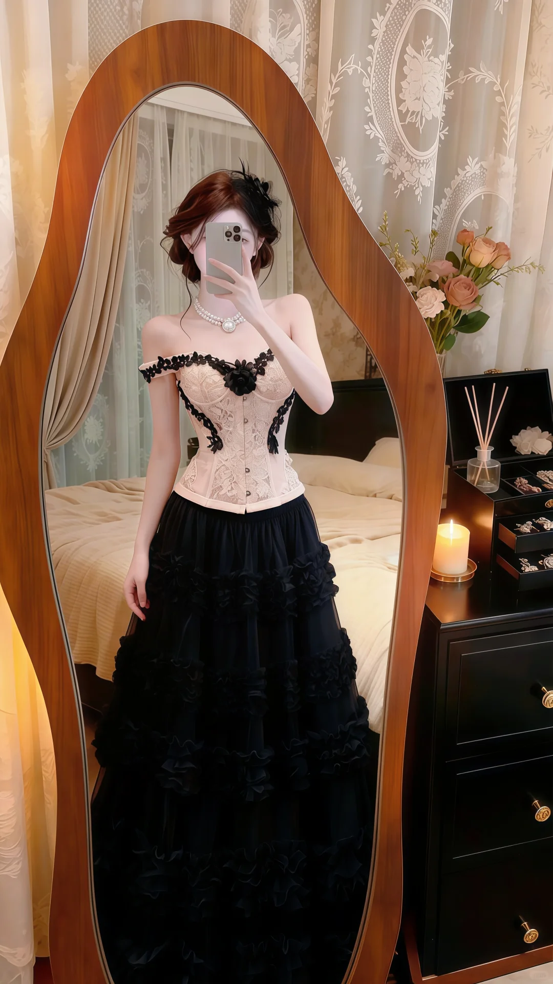 Black‑Apricot 2‑Piece Evening Gown, Off‑Shoulder Lace Corset Top Tiered Ruffle Tulle Skirt Prom Dress gh9138