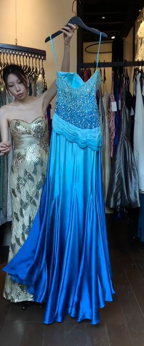 Strapless Blue Chiffon Prom Dress with Hand Beaded Rhinestone Ruched Bodice High Slit Tiered Ruffle gh9771