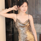 Silver Grey Metallic Cowl Neck Prom Dress Spaghetti Straps Draped Long Evening Gown gh9850