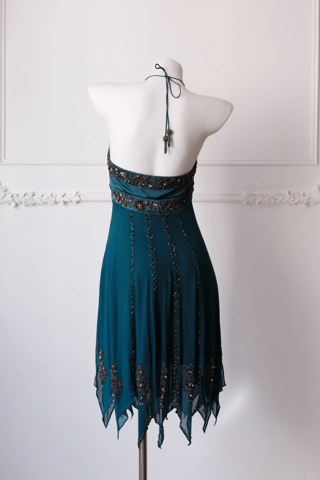 Women Teal Green Halter Short Prom Dress Vintage Bronze Beading Irregular Handkerchief Hem Cocktail Gown gh9562