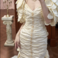 Cream Vintage Satin Mermaid Wedding Prom Dress, Halter Pearl Straps, 3D Petal Sleeves, 3D Flowers Bows Lace Long Train gh8706