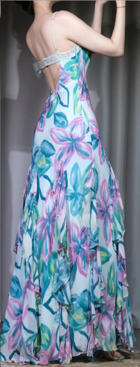 ✨Girlhomeshops-Floral Print Spaghetti Straps Prom Dress, Beaded Ruffle Long Evening Gown gh9922