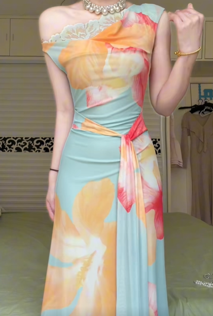 Mint‑Green Large Floral Print One‑Shoulder Long Evening Gown, Lace Trim Waist Sash Flowy A‑Line Formal Prom Dress gh9000
