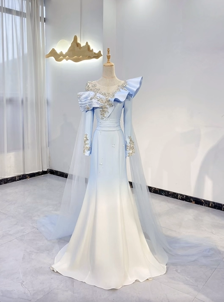 Light Blue Gradient Asymmetric Neckline Waist-Cinched Fitted Long Evening Dress, Fairy Gown, Romantic Gown gh7379