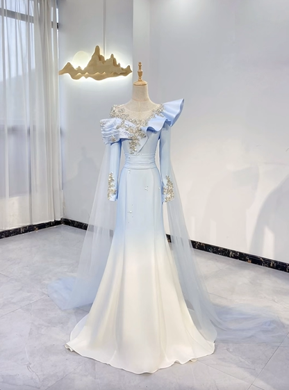 Light Blue Gradient Asymmetric Neckline Waist-Cinched Fitted Long Evening Dress, Fairy Gown, Romantic Gown gh7379