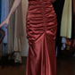 Halter V Neck Caramel Satin Mermaid Prom Dress Ruched Front Formal Evening Gown gh9802