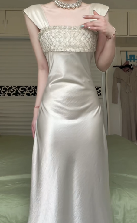 Champagne Wide‑Strap Long Evening Gown, Diamond Pattern Beaded Bodice Satin Mermaid Formal Prom Dress gh9027