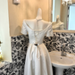 White Satin High Waist Fitted Slimming Full Flared Skirt Romantic Dress, Wedding Gown gh7601