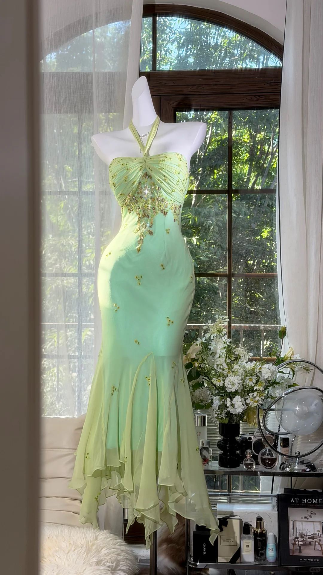 Light Mint Green Halter Beaded Irregular Mermaid Evening Dress with Matching Shawl, Prom Gown gh9509