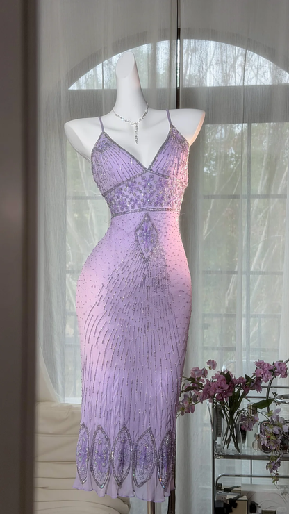 Lavender V-Neck Spaghetti Strap Vintage Geometric Beaded Bodycon Midi Evening Dress gh9523