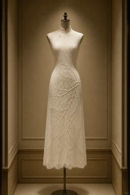 ✨Girlhomeshops-Ivory Leaf Vein Hollow Lace Sleeveless Midi Qipao Cheongsam gh10400