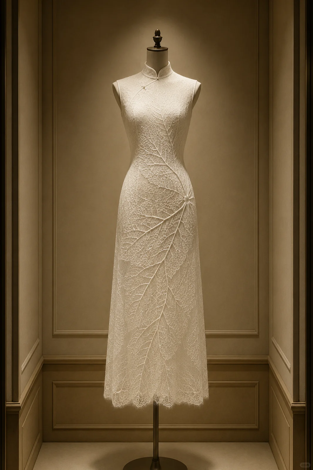 ✨Girlhomeshops-Ivory Leaf Vein Hollow Lace Sleeveless Midi Qipao Cheongsam gh10400