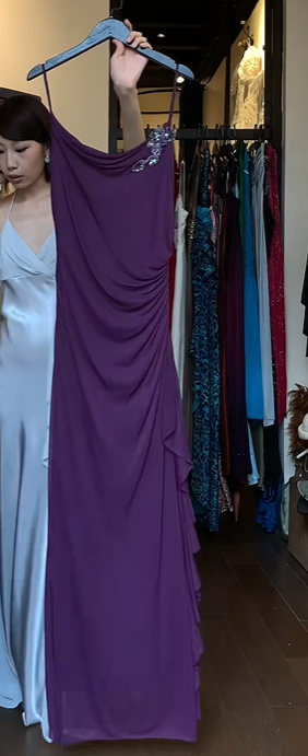 Purple Spaghetti Straps Evening Gown Cowl Neck Ruched Waist Ruffled Chiffon Long Formal Prom Dress gh9730