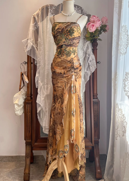 Vintage Leopard Paisley Print Spaghetti Strap Mermaid Long Gown gh9298