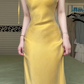 Golden Yellow Satin Spaghetti Strap Mermaid Long Evening Gown, V‑Neck Back Tie Adjustable Formal Prom Dress gh8984