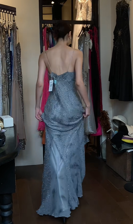 Dusty Blue Spaghetti Straps Cowl Neck Evening Gown Full Beaded Sequin Mermaid Long Prom Dress gh9717