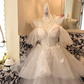 Ivory Spaghetti Strap Off-Shoulder Waist-Cinched Tiered Puffy Cake Skirt Romantic Dress, Wedding Gown gh7518