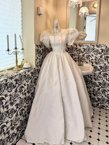 White Puff Sleeve Beaded Waist-Cinched Full Flared Long Vintage Romantic Dress, Wedding Gown gh7517