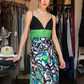 Spaghetti Straps V Neck Color Block Satin A Line Long Evening Prom Dress with Floral Swirl Print Skirt gh9766