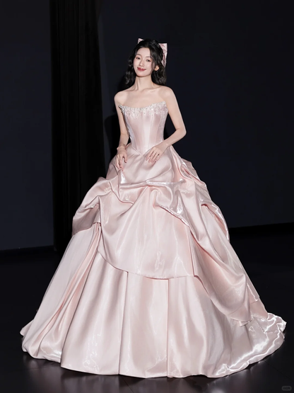 Light Pink Strapless Waist-Cinched Full Skirt Evening Dress, Fairy Gown, Romantic Gown gh7374
