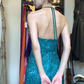 Teal Halter Sequin Fringe Prom Dress Sweetheart Neck Slit Long Formal Evening Gown gh9841