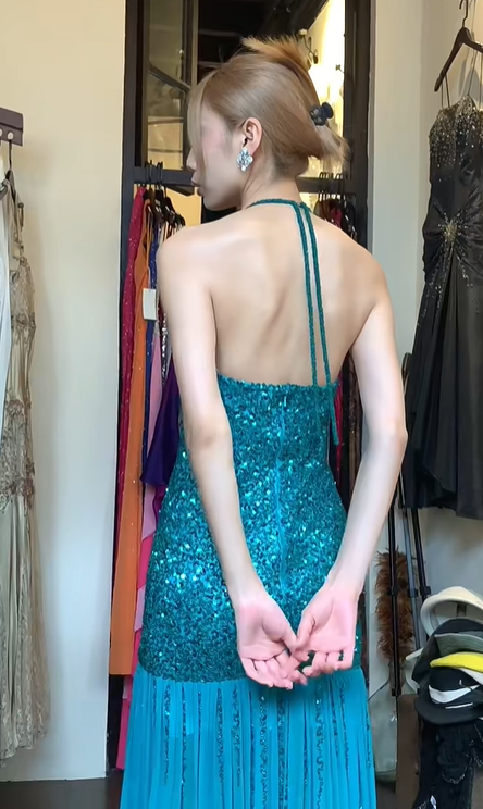 Teal Halter Sequin Fringe Prom Dress Sweetheart Neck Slit Long Formal Evening Gown gh9841
