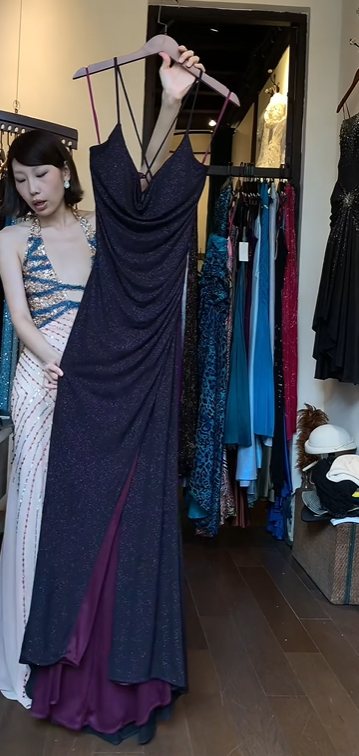 Dark Purple Glitter Evening Gown Cowl Neck Criss Cross Back High Slit Long Formal Prom Dress gh9733