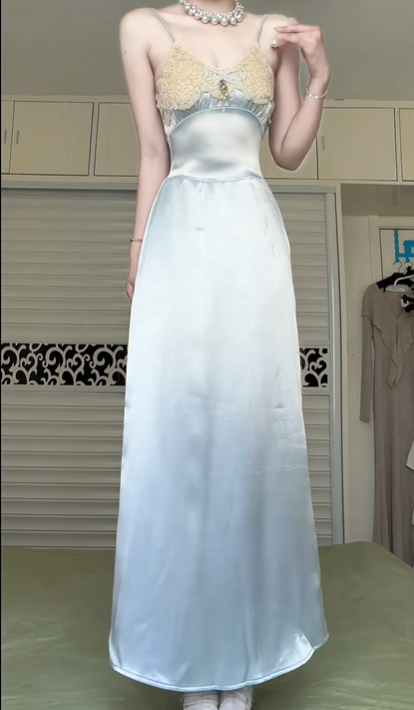 Light Ice Blue Satin Spaghetti Strap Long Evening Gown, V‑Neck Lace Bust Bow Bead Detail Sheath Formal Prom Dress gh8979