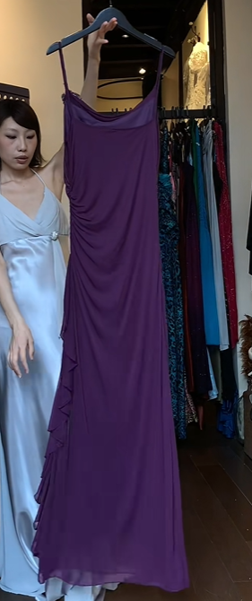 Purple Spaghetti Straps Evening Gown Cowl Neck Ruched Waist Ruffled Chiffon Long Formal Prom Dress gh9730