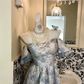 Blue Printed Off-the-Shoulder Waist-Cinched Minimalist Elegant Vintage Romantic Dress gh7593