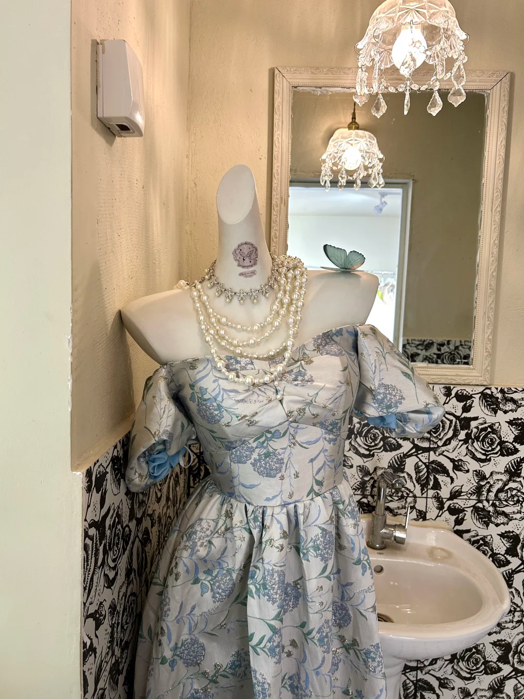 Blue Printed Off-the-Shoulder Waist-Cinched Minimalist Elegant Vintage Romantic Dress gh7593