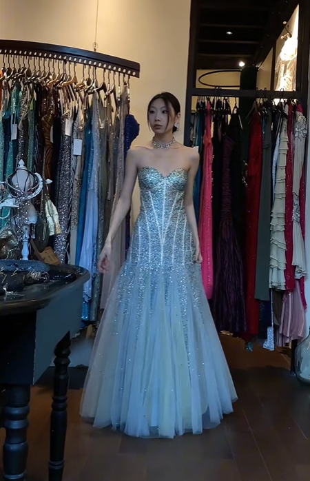 Strapless Sweetheart Ombre Blue Mermaid Evening Gown Beaded Rhinestone Tulle Long Prom Dress gh9681