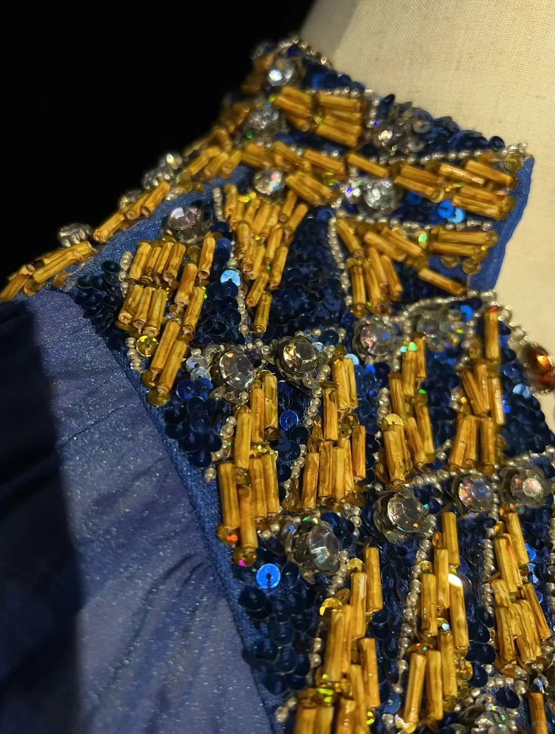 ✨Girlhomeshops-Royal Blue Cap Sleeve Gold Beaded Chiffon Gown Sweep Train gh10150