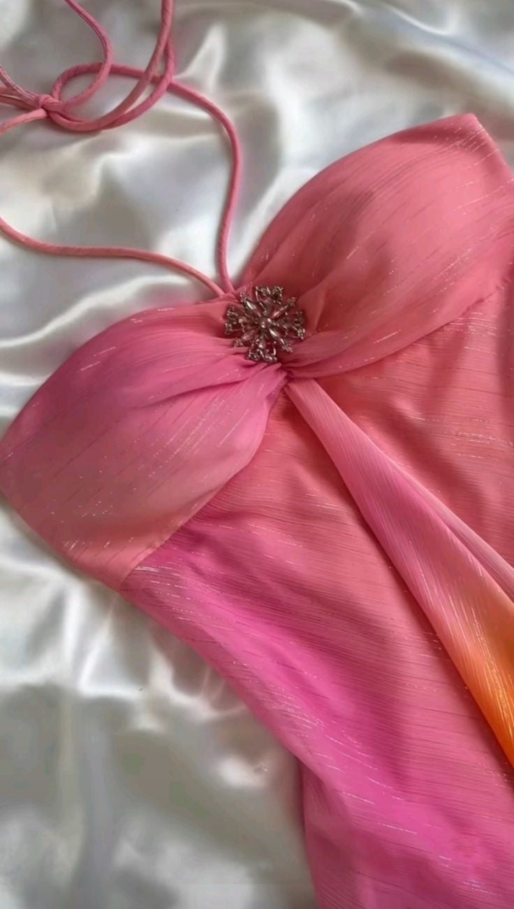 Robe de soirée élégante en mousseline de soie rose magnifique, sans bretelles, dégradée, longue, gh3179