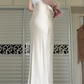 Elegant Ivory Satin Halter Neck Prom Dress V‑Neck Wrap Bodice Twist Draped Waist Irregular Slit Midi Formal Gown Metal Buckle Detail for Engagement Wedding Guest Cocktail Party gh8945
