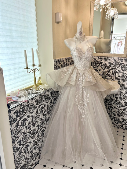 Ivory Strapless Romantic Long Wedding Gown with Silver Decorations, Cinched Waist & Voluminous Full Flared Skirt gh7755