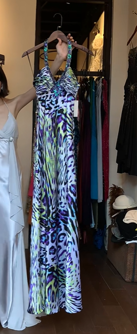 Colorful Leopard Print Halter V Neck Hand Beaded Rhinestone Long Straight Evening Prom Dress gh9756