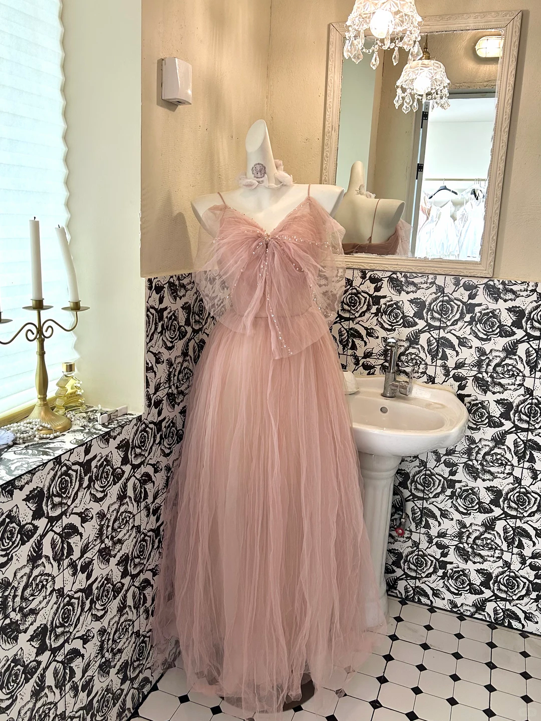 Light Pink Spaghetti Straps Bow Neckline Waist-Cinched Full Flared Skirt Romantic Dress, Wedding Gown gh7764