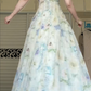 Watercolor Floral Print Long Evening Gown, V‑Neck Ruffle Flutter Short Sleeve Flowy Chiffon A‑Line Formal Prom Dress gh8970