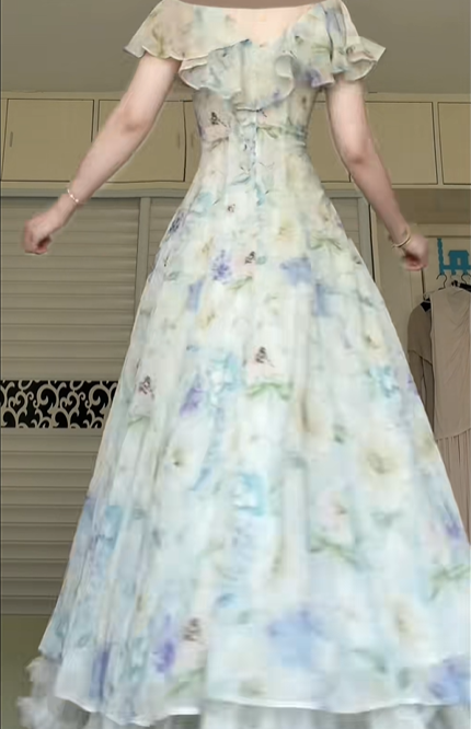 Watercolor Floral Print Long Evening Gown, V‑Neck Ruffle Flutter Short Sleeve Flowy Chiffon A‑Line Formal Prom Dress gh8970