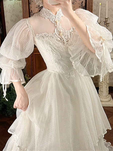 Off‑White Vintage Victorian High‑Neck Lace Bubble Flare Sleeve Tiered Ruffle Train Prom Gown, Wedding Dress gh8605