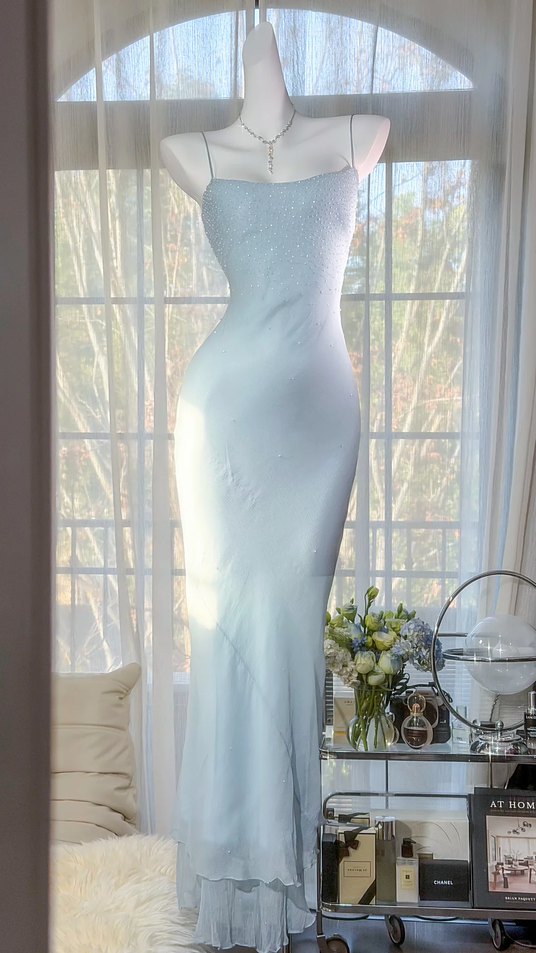 Light Blue Square Neck Spaghetti Strap Scattered Beaded Double Layer Ruffle Mermaid Evening Dress, Prom Gown gh9524