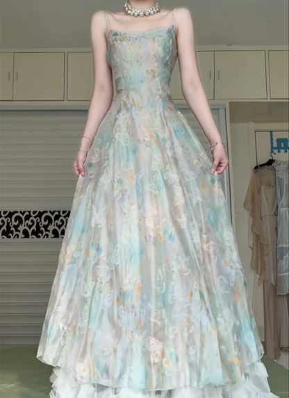 Light Teal Floral Butterfly Print Spaghetti Strap Long Evening Gown, Square Neck A‑Line Tulle Formal Prom Dress gh9033