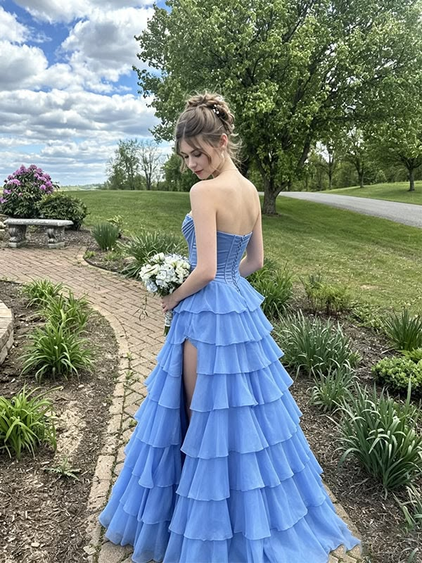 Light Blue Strapless Waist-Cinched Tiered Cake Skirt Evening Dress, Fairy Gown, Romantic Gown gh7423