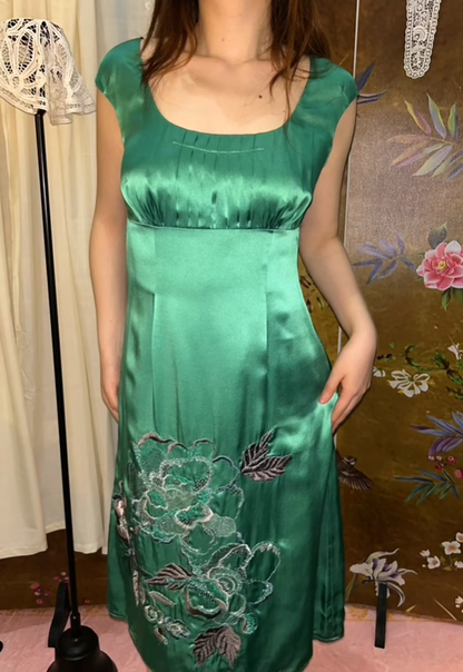 Green Vintage Luxury Satin Square Neck Fitted Waist Printed Prom & Evening Party Dress gh8429