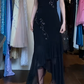 Black Double Strap Long Formal Gown 3D Floral Beaded Asymmetrical Ruffle Mermaid Dress gh9637